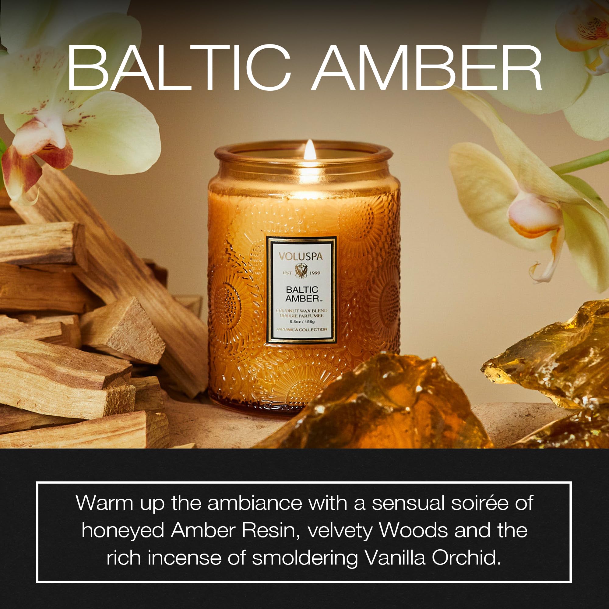 Voluspa Baltic Amber close-up of jar detail and lid, highlights premium finish