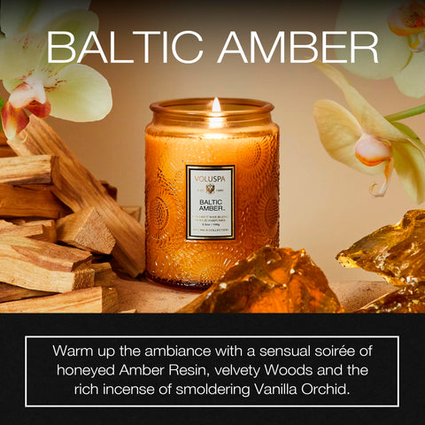 Voluspa Baltic Amber close-up of jar detail and lid, highlights premium finish