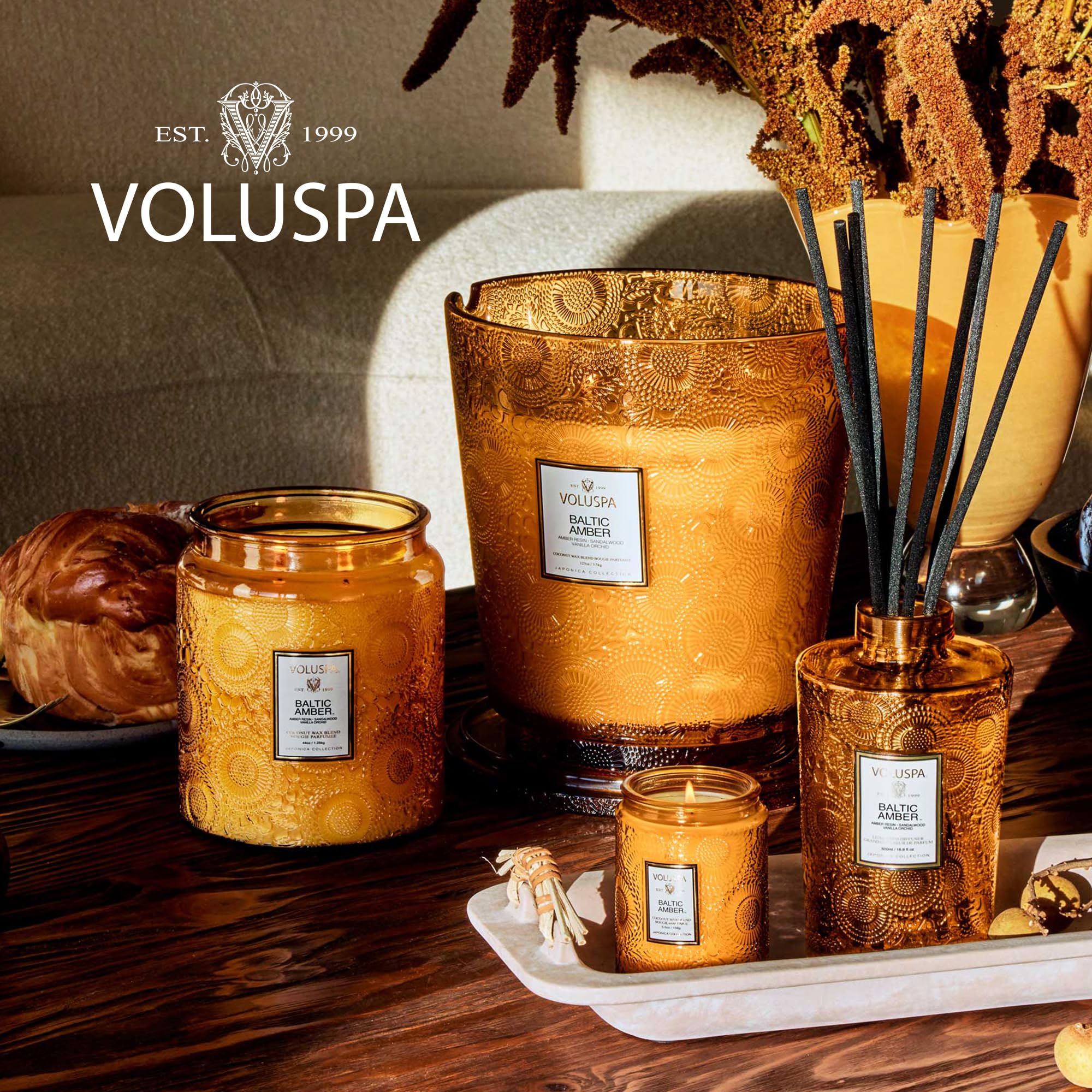 Voluspa Baltic Amber packaging and label shot, conveys gift-ready presentation