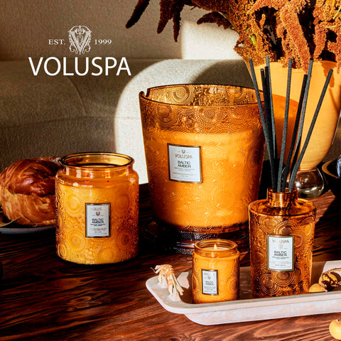 Voluspa Baltic Amber packaging and label shot, conveys gift-ready presentation