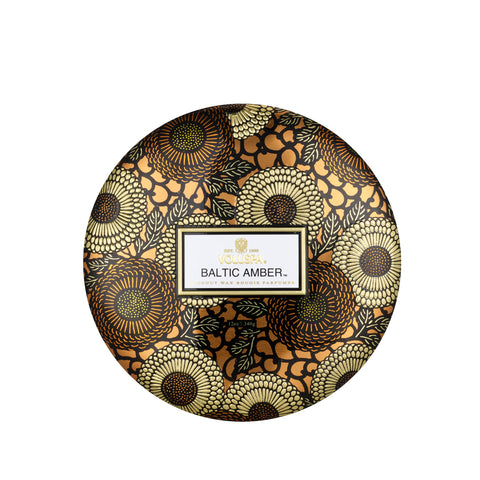 Voluspa Baltic Amber tin front view showing elegant label and compact design for gifting