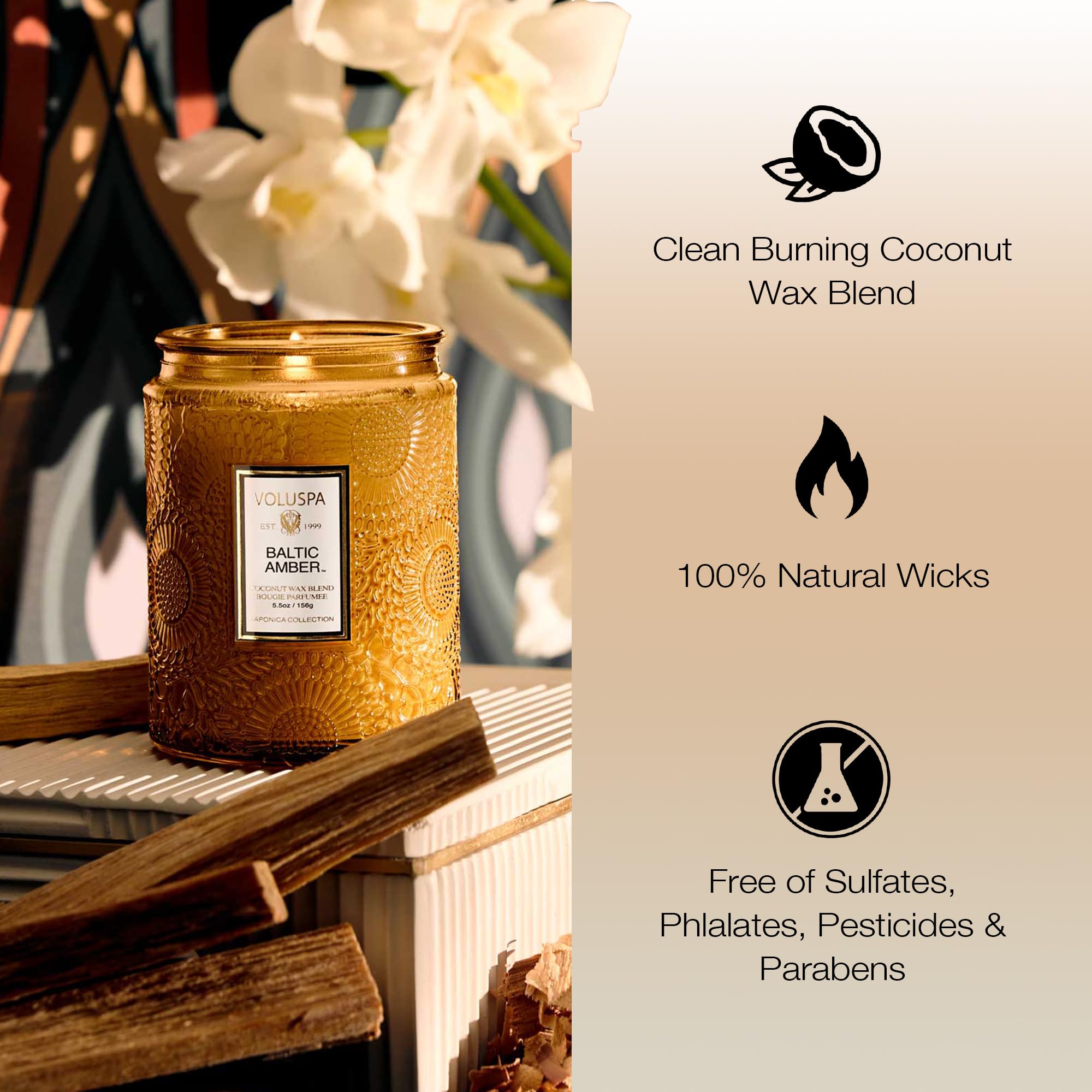 Voluspa Baltic Amber melted wax pool close-up, demonstrates even burn performance