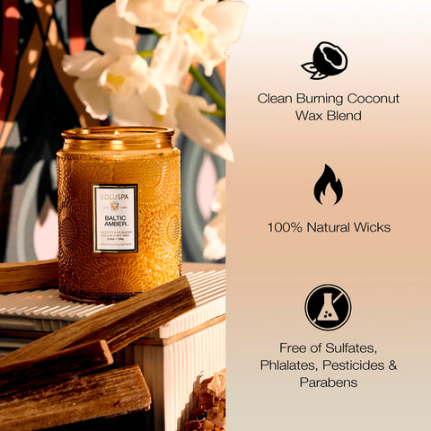 Voluspa Baltic Amber melted wax pool close-up, demonstrates even burn performance