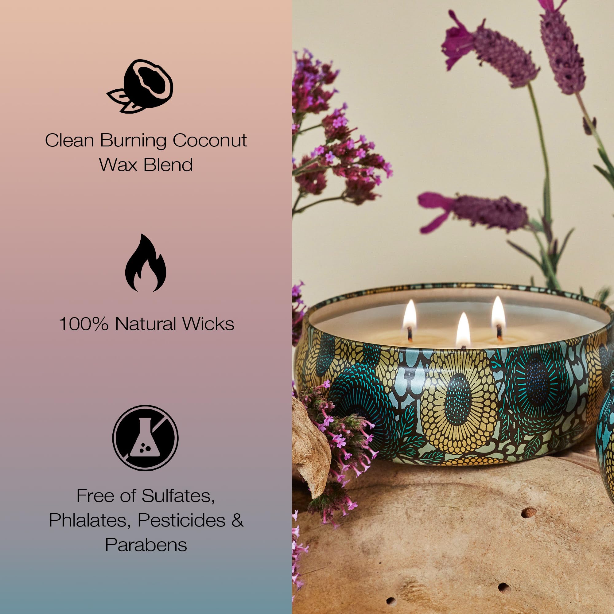 Voluspa candle staged in living room providing ambient light and calming fragrance