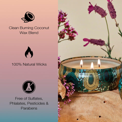 Voluspa candle staged in living room providing ambient light and calming fragrance