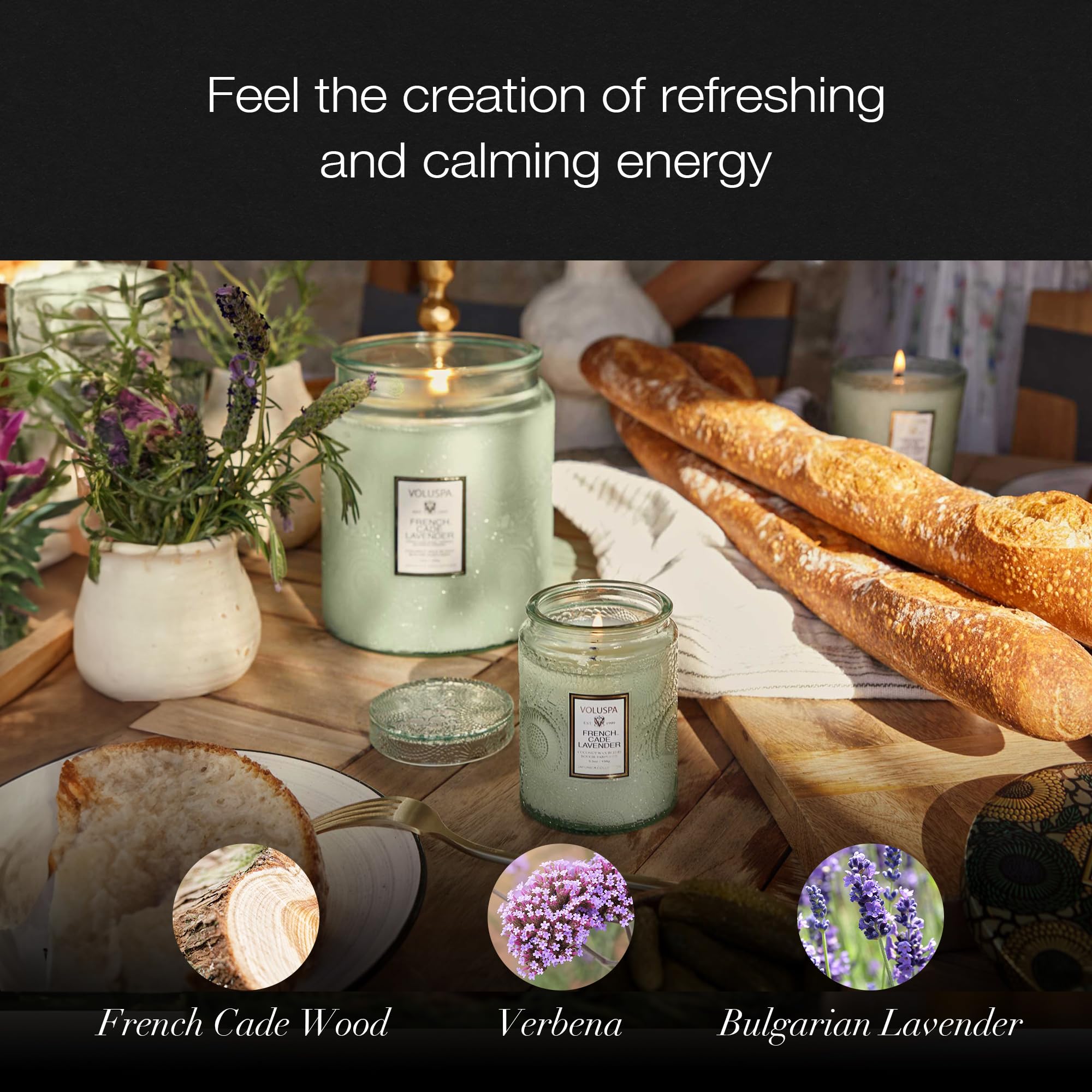 Voluspa candle lit in living room creating calm ambient fragrance