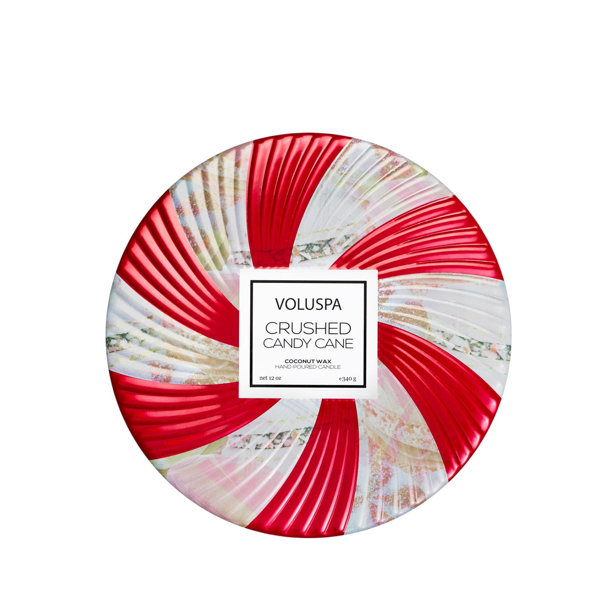 Voluspa front tin view showing design and festive scent benefits