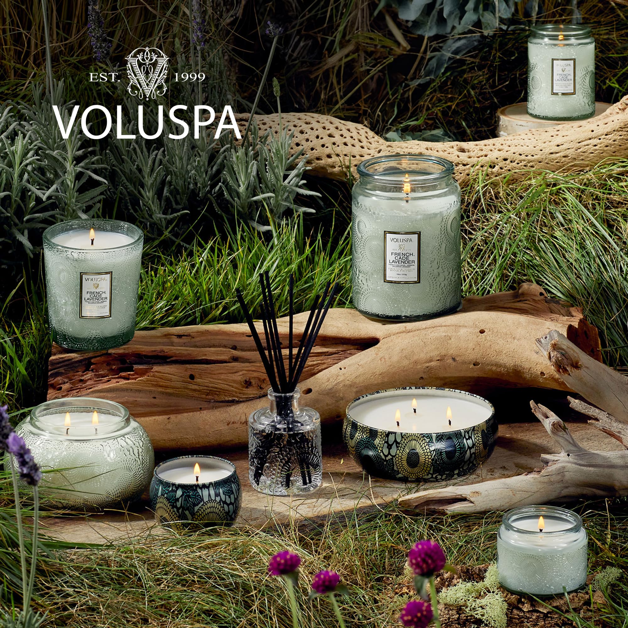 Voluspa decorative floral print label emphasizing gift-ready presentation