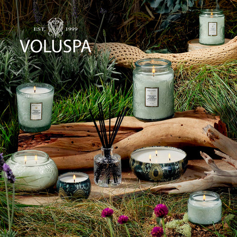 Voluspa decorative floral print label emphasizing gift-ready presentation