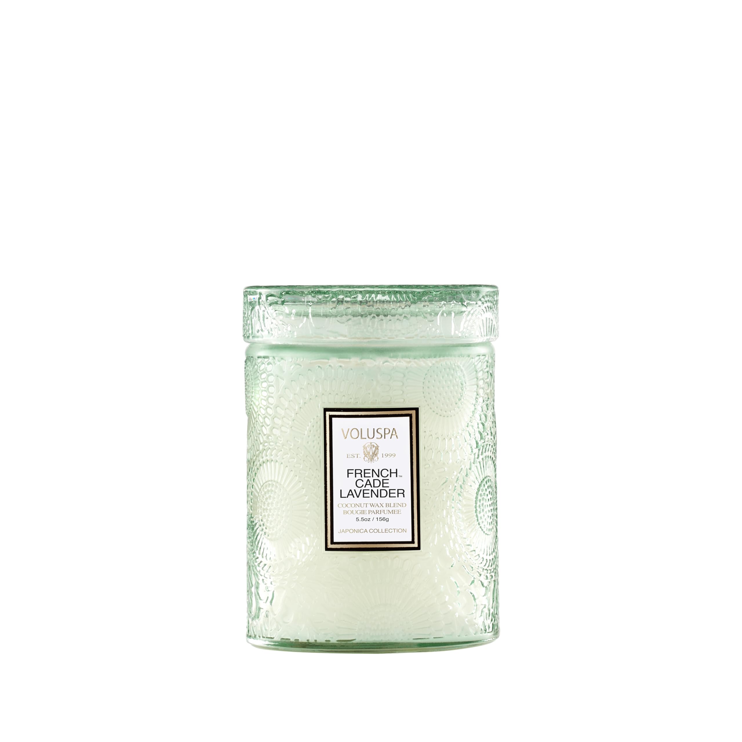 Voluspa front jar showing label and embossed glass for elegant display