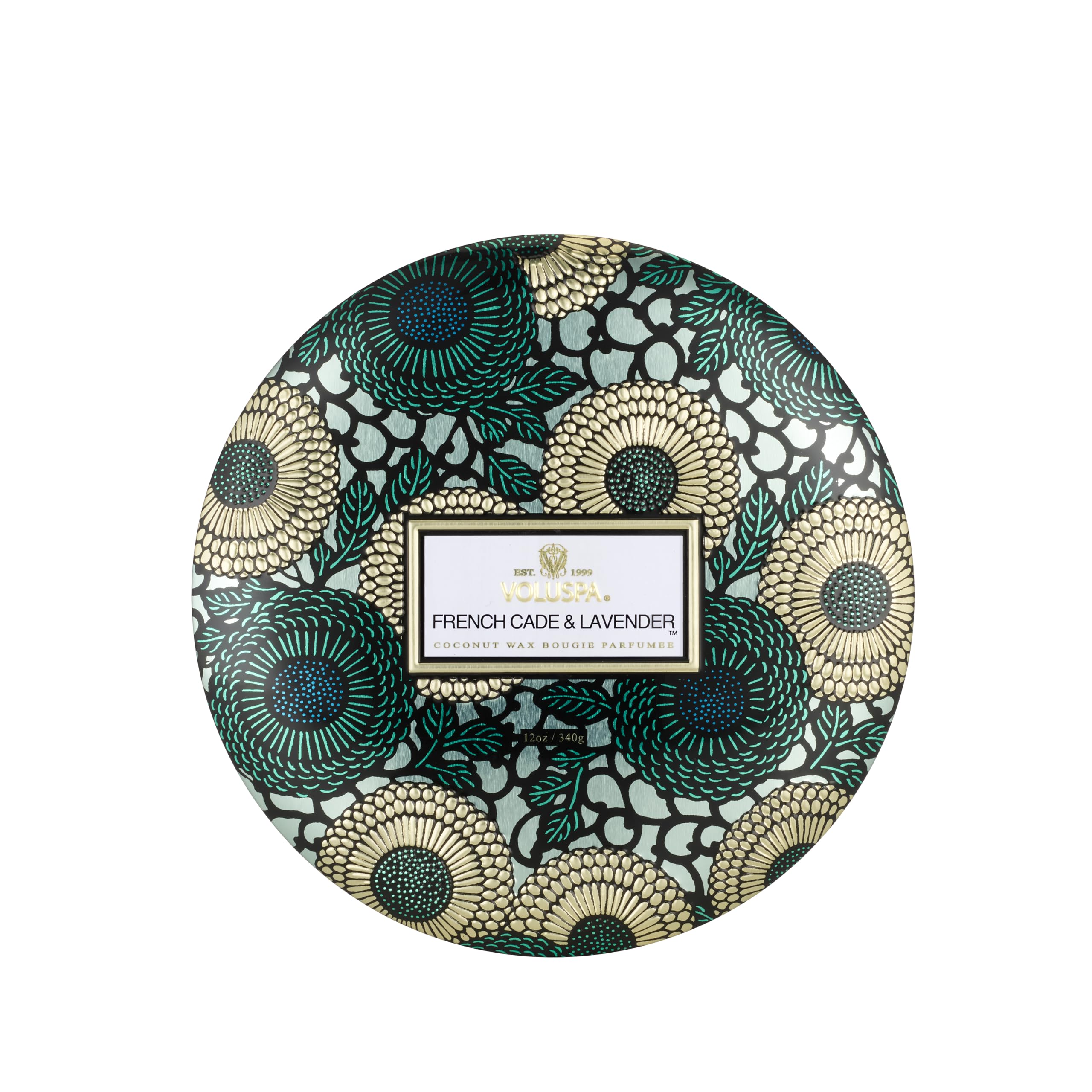 Voluspa front tin showcasing French Cade Lavender label and decorative finish for gifting