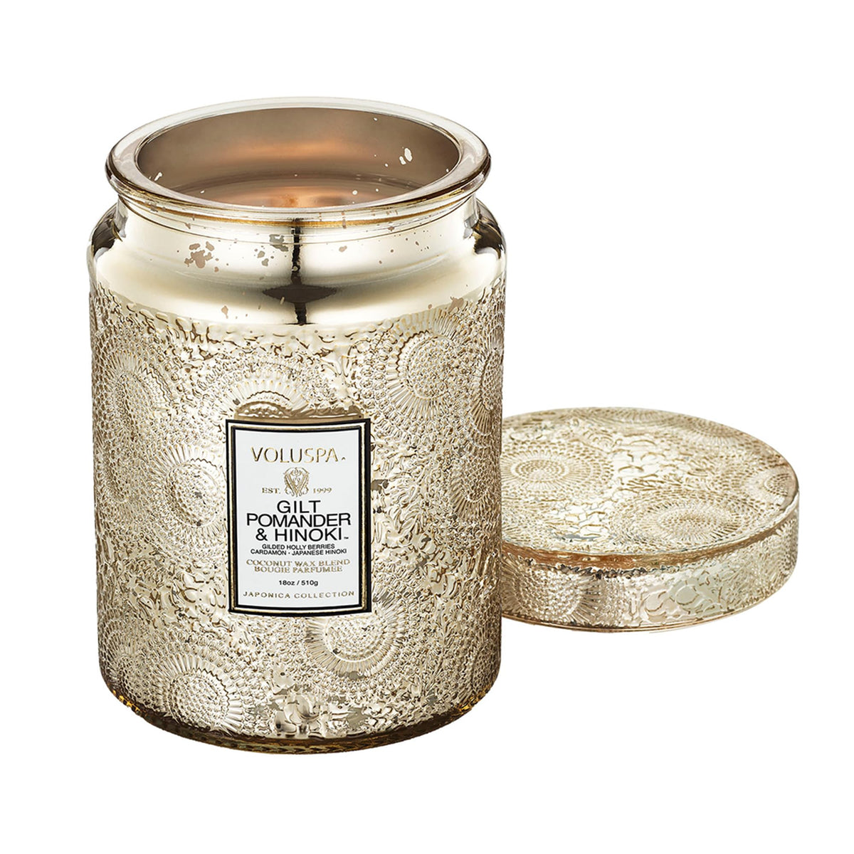 Voluspa gilt pomander hinoki front view showing decorative jar and warm glow benefit