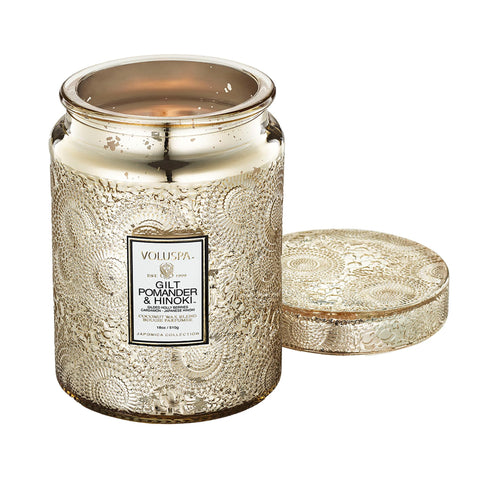 Voluspa gilt pomander hinoki front view showing decorative jar and warm glow benefit