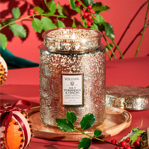 Voluspa close-up of Japonica jar texture highlighting gilded detail and elegant display