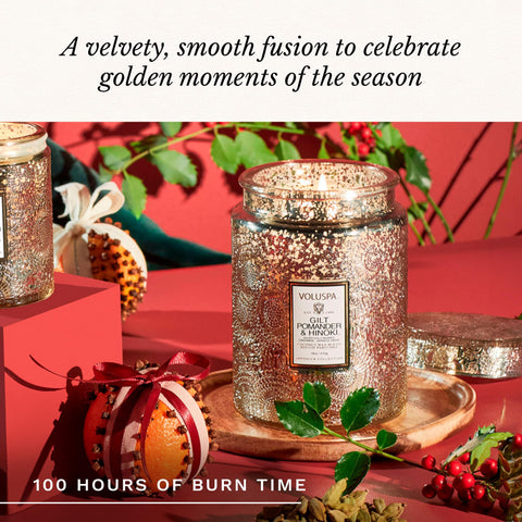 Voluspa label and wick detail emphasizing handcrafted fill and clean-burning performance