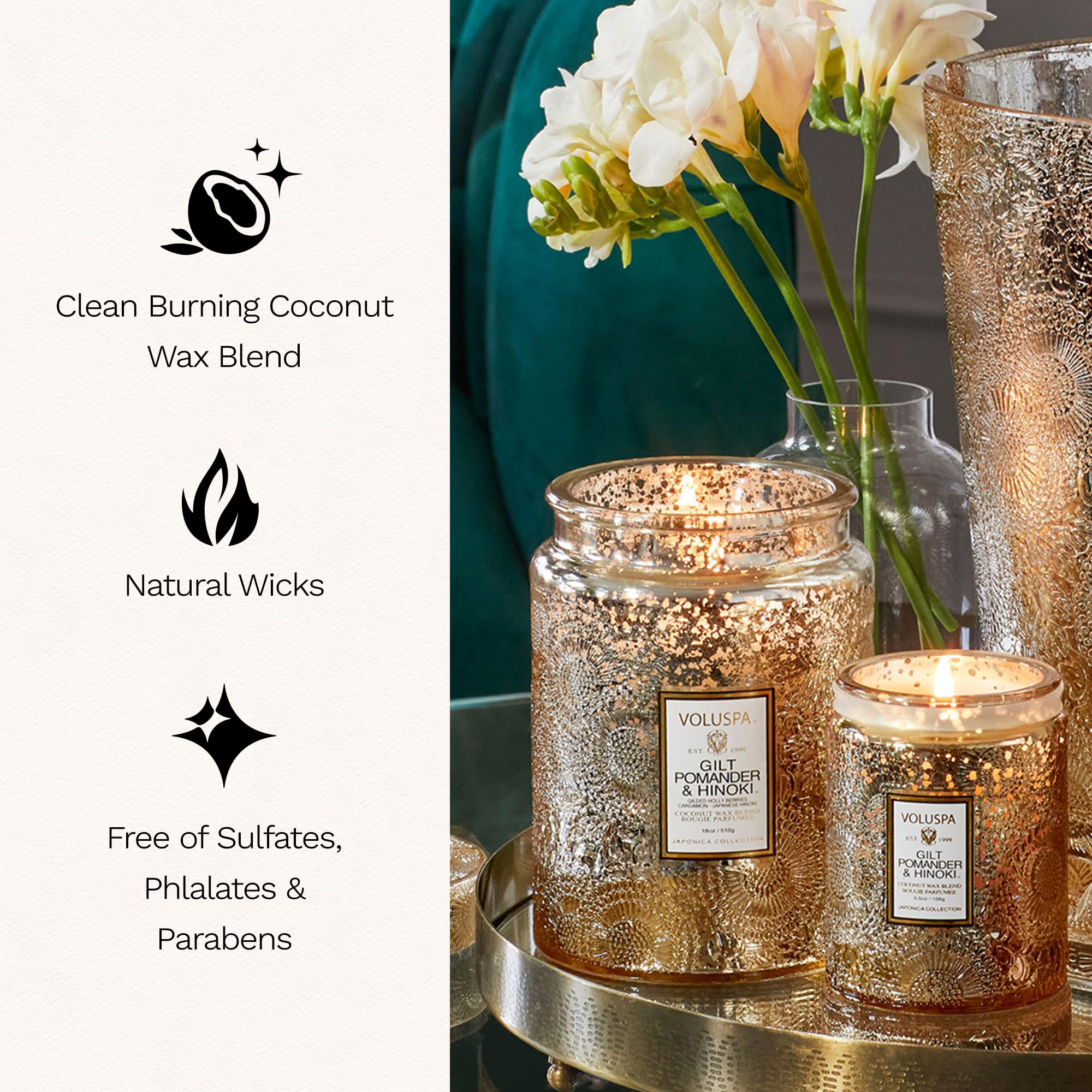 Voluspa candle beside a ruler showing 18 oz scale for size and long burn time benefit