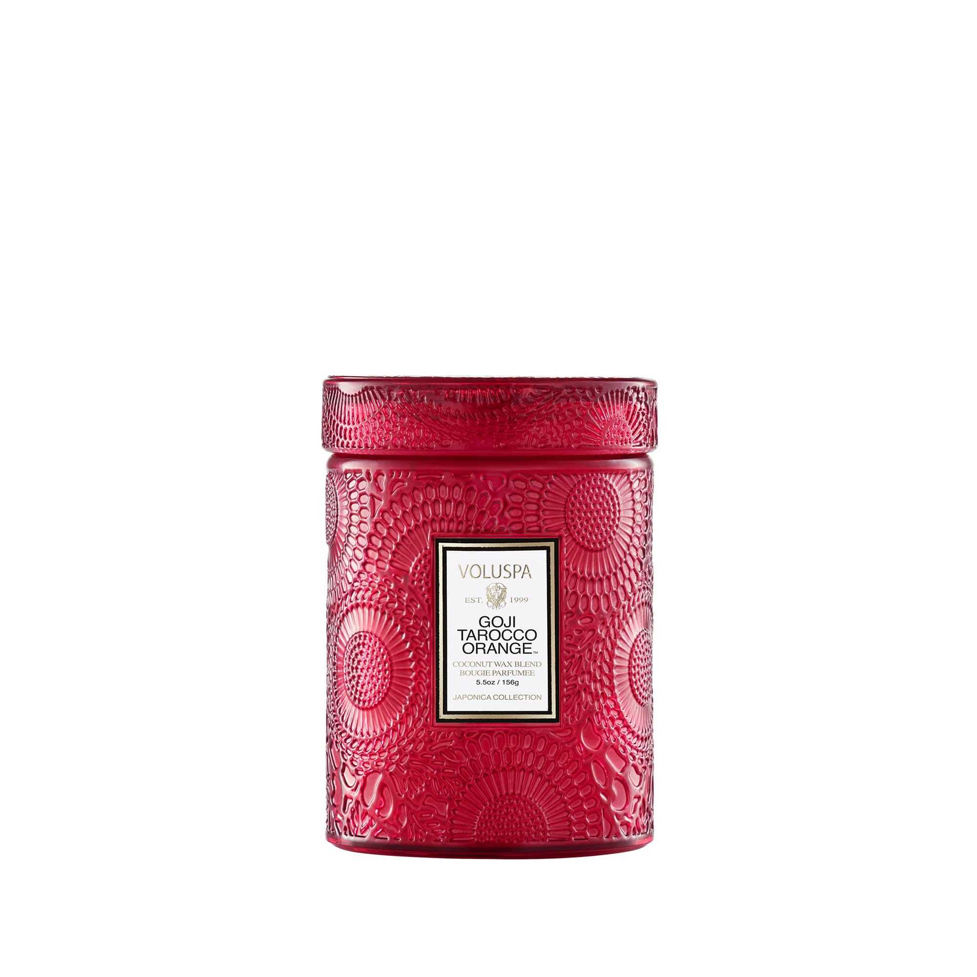 Voluspa small jar front view showing printed glass and elegant scent profile