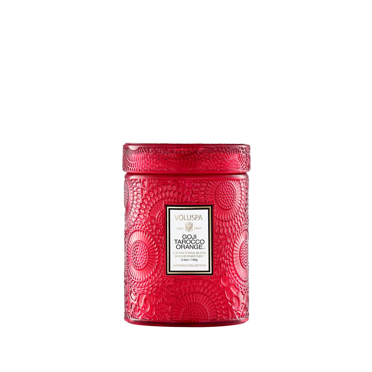 Voluspa small jar front view showing printed glass and elegant scent profile