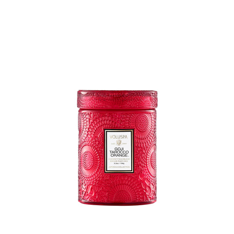 Voluspa small jar front view showing printed glass and elegant scent profile