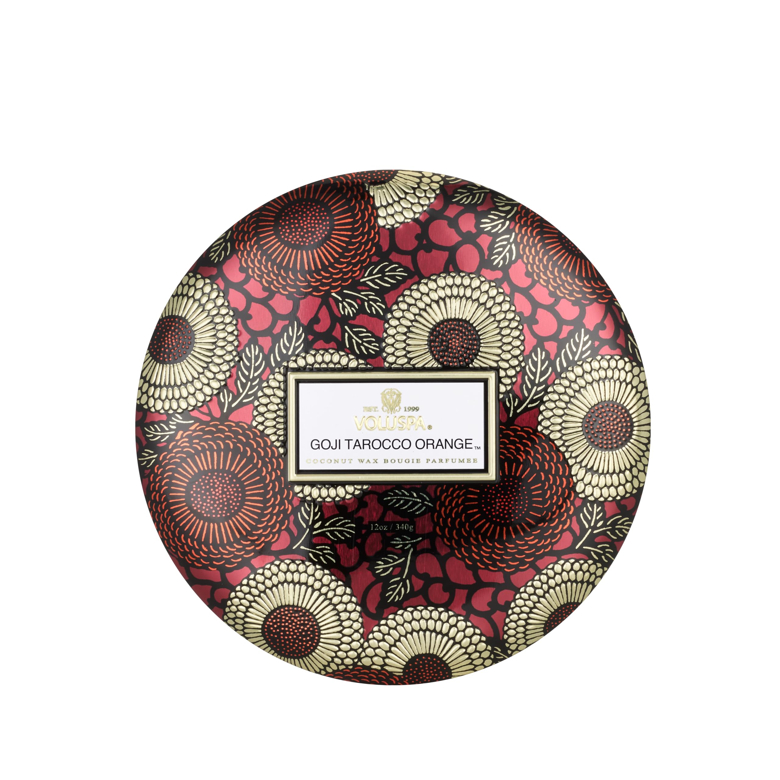 Voluspa front tin showing label and citrus scent, elegant gift-ready design