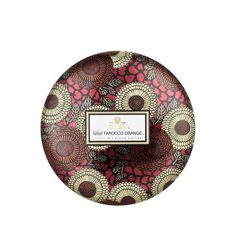 Voluspa front tin showing label and citrus scent, elegant gift-ready design
