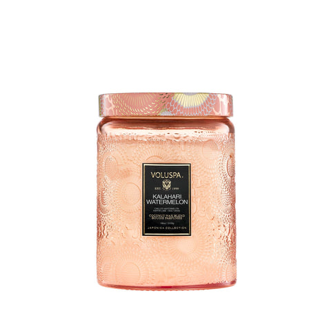 Voluspa front jar view showing floral design and large 18 oz size for stylish display