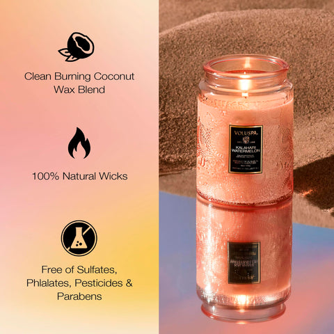 Voluspa size comparison with everyday objects illustrating the candle’s substantial 18 oz capacity