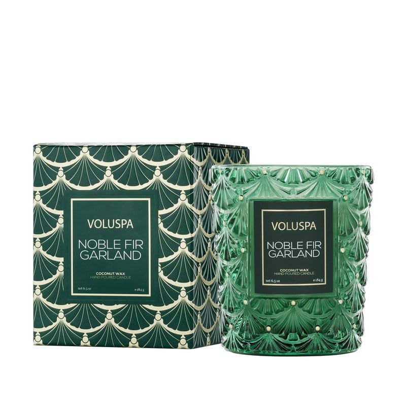Voluspa boxed Noble Fir front view shows elegant packaging and easy gifting