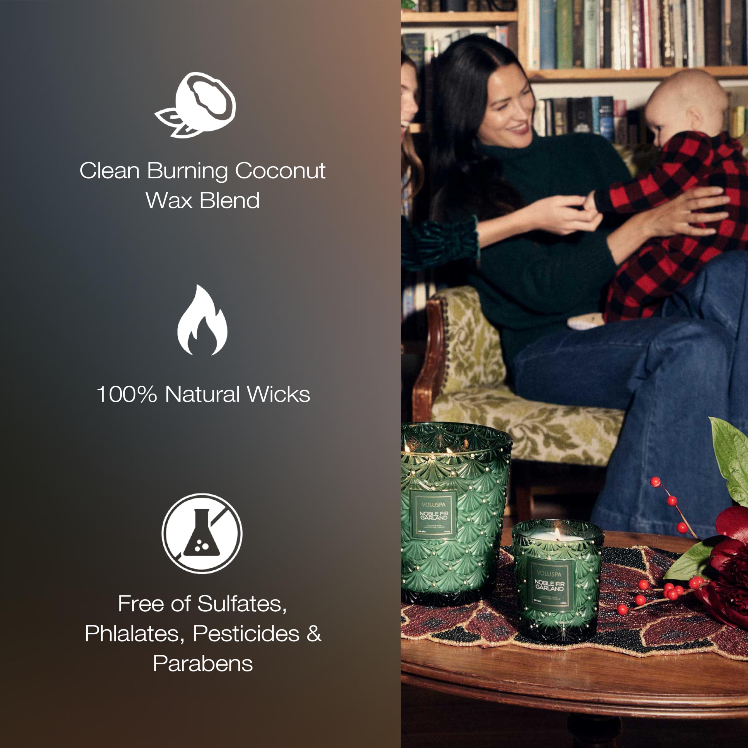 Voluspa candle lit in living room creates cozy holiday ambiance and soft glow