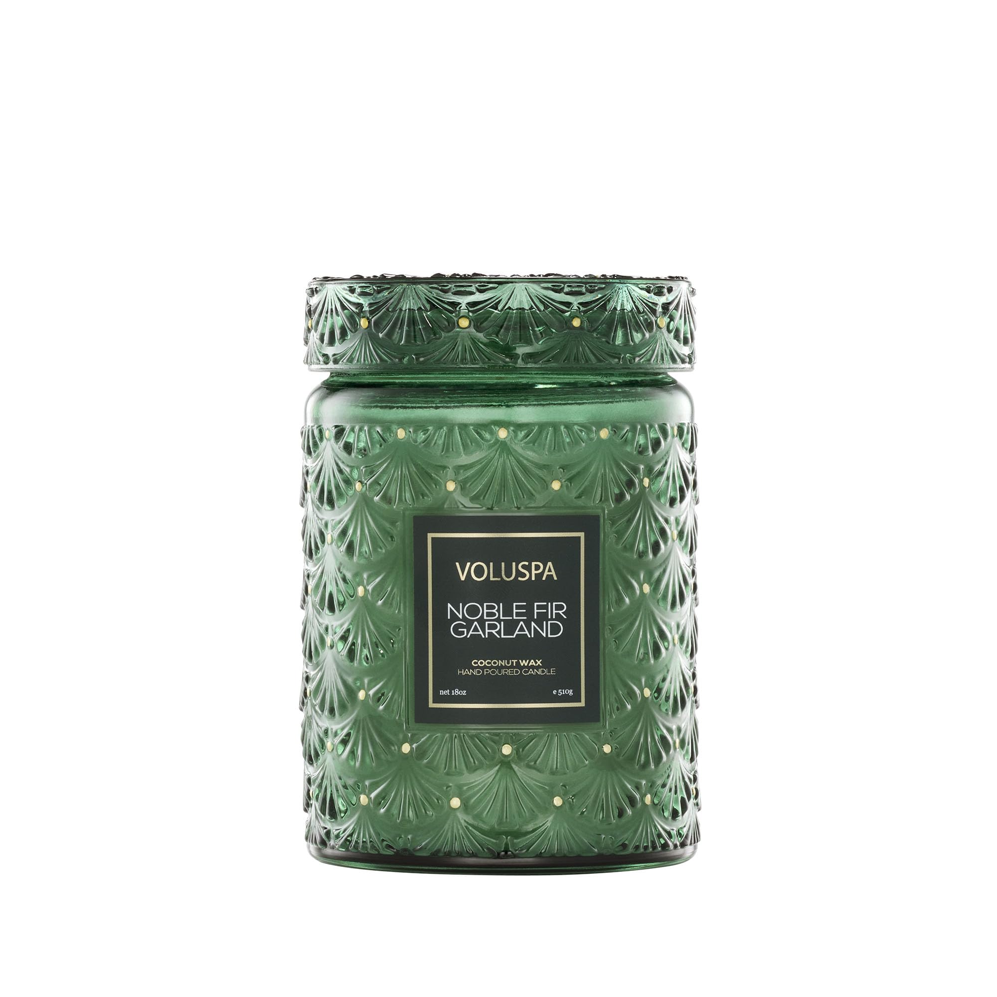 Voluspa front jar showing elegant label and glass, creates refined décor vibe