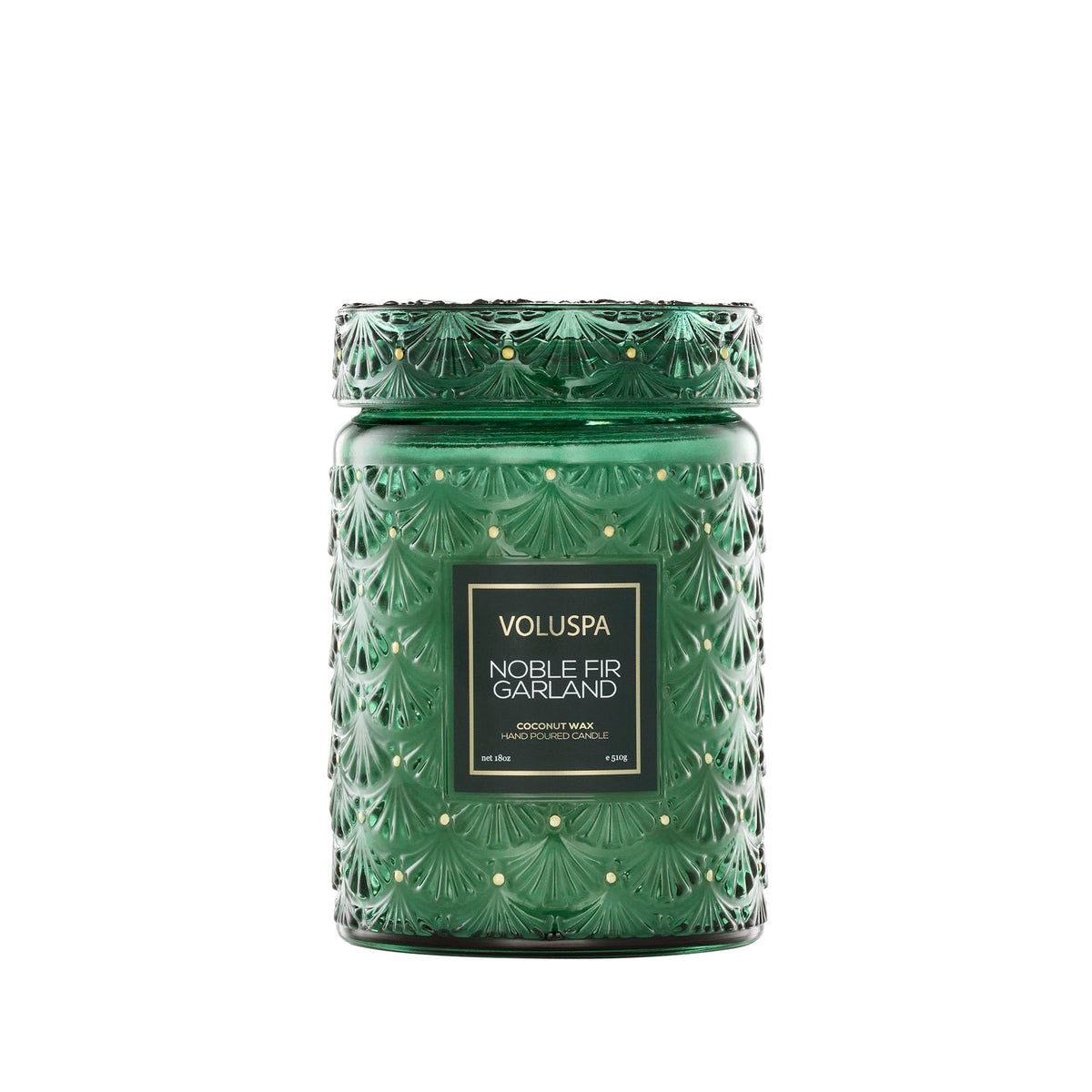 Voluspa front jar showing elegant label and glass, creates refined décor vibe