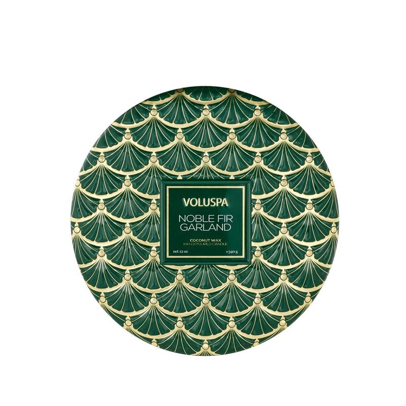 Voluspa Noble Fir Garland tin front showing elegant design and gift-ready appeal