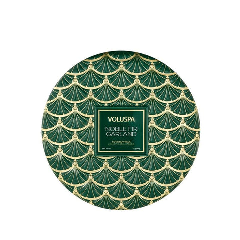 Voluspa Noble Fir Garland tin front showing elegant design and gift-ready appeal