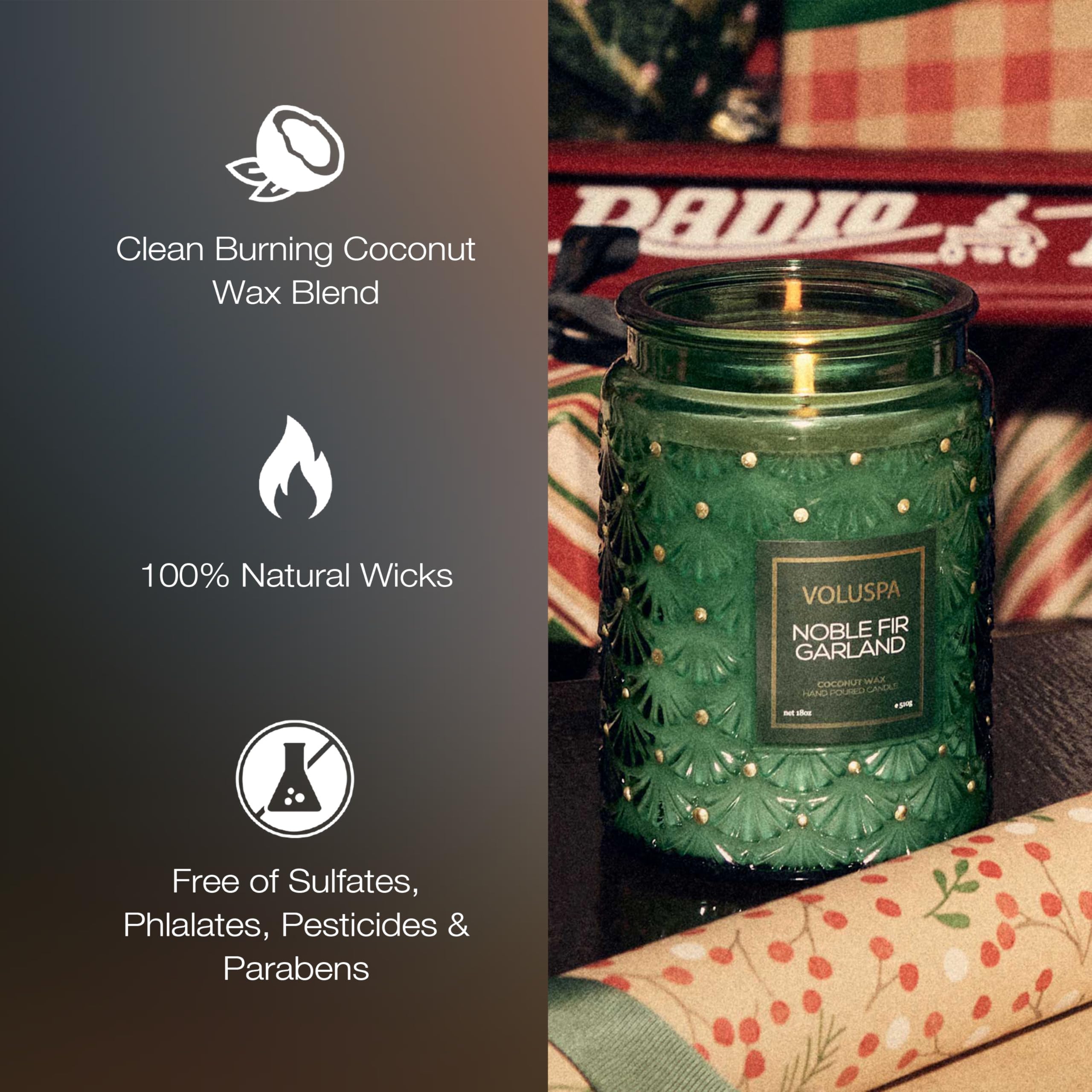 Voluspa label detail highlighting Noble Fir Garland scent, clearly identifies fragrance