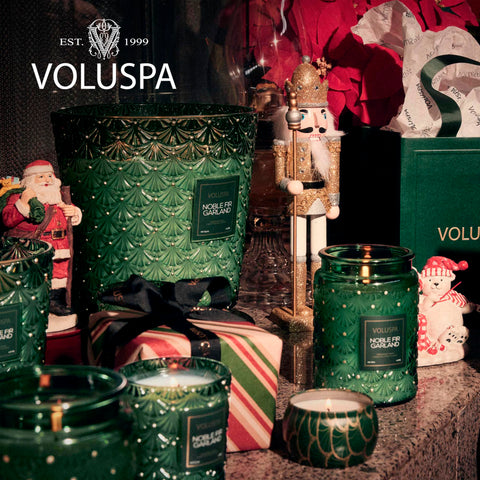 Voluspa boxed candle styled as a gift presents luxury look for special occasions