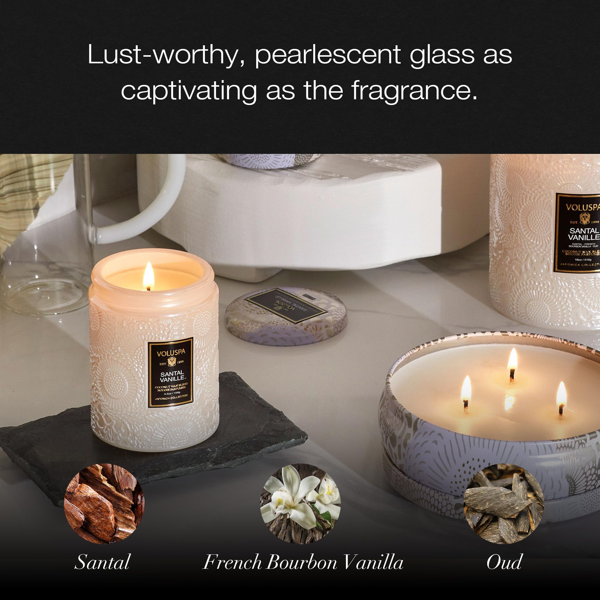 Voluspa candle burning in a cozy room benefit: warm ambient fragrance