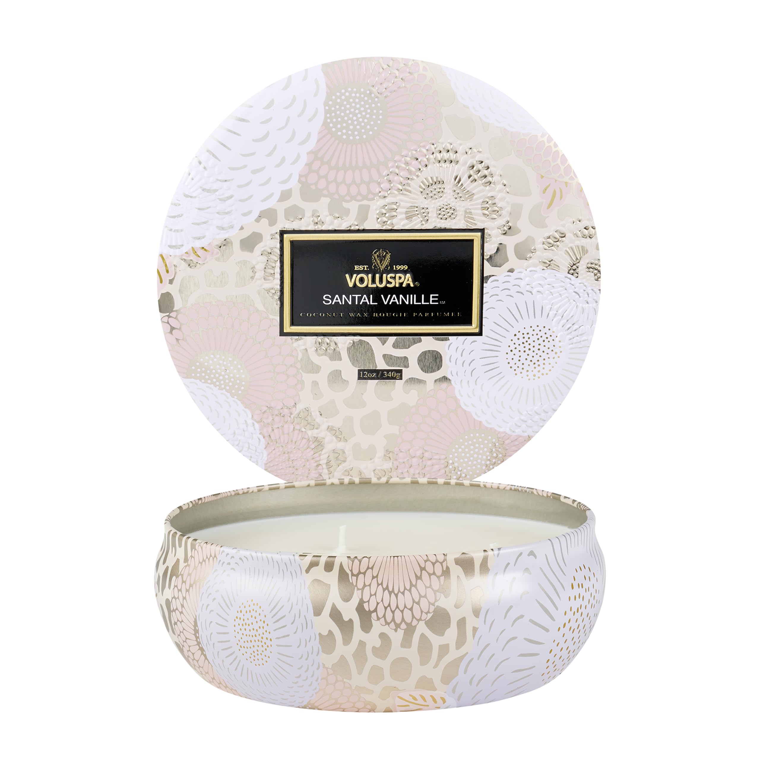 Voluspa front tin displaying Santal Vanille label and elegant finish for décor