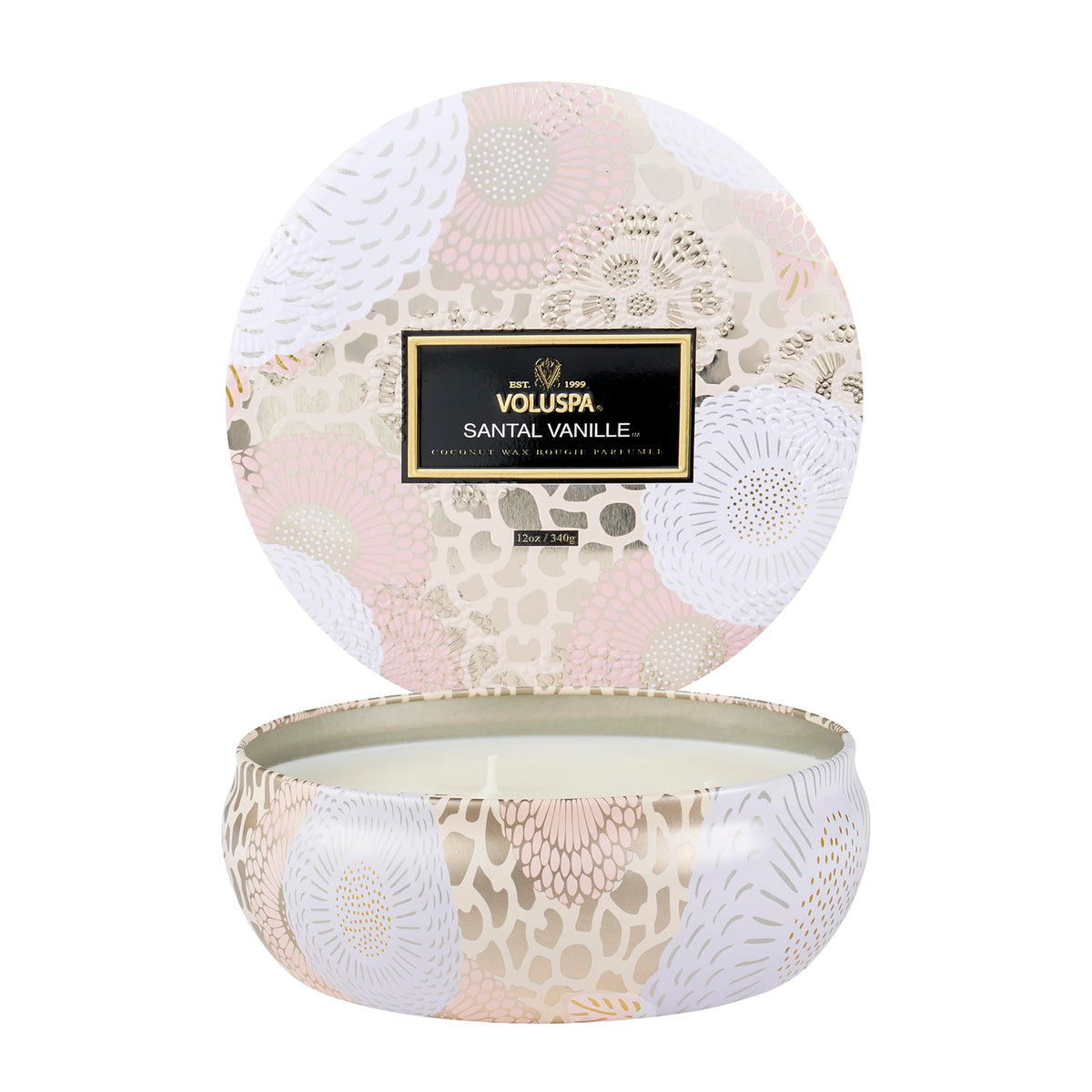 Voluspa front tin displaying Santal Vanille label and elegant finish for décor