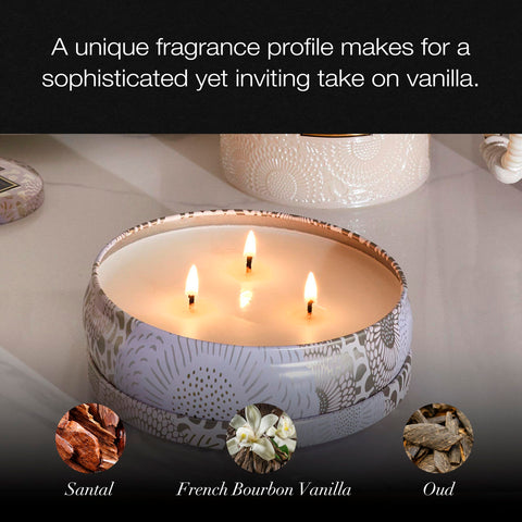 Voluspa close-up of tin label highlighting scent notes and brand detail