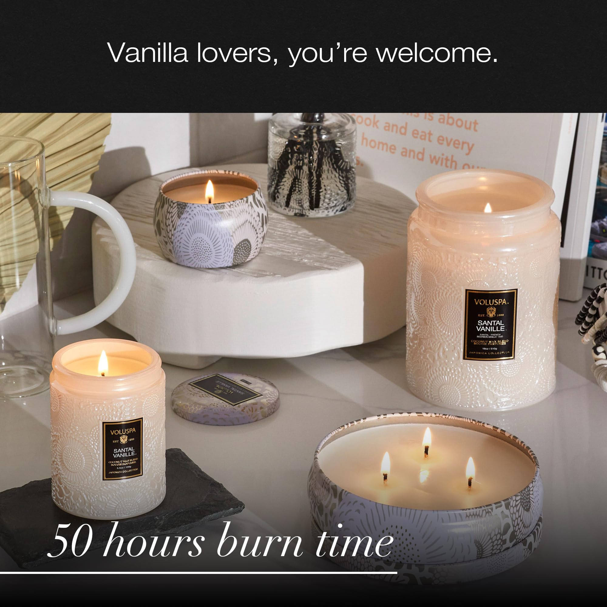 Voluspa label detail highlighting scent notes benefit: clear fragrance identity