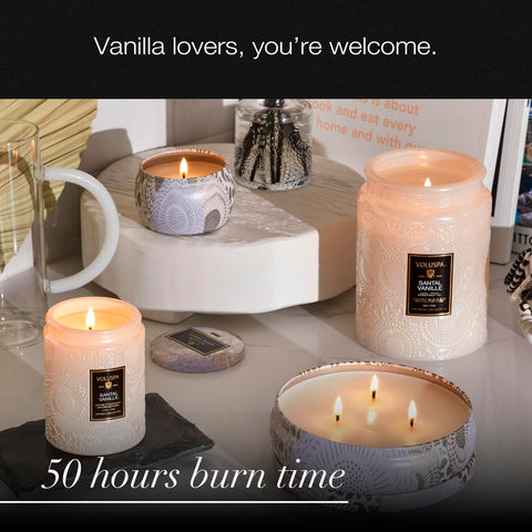 Voluspa label detail highlighting scent notes benefit: clear fragrance identity