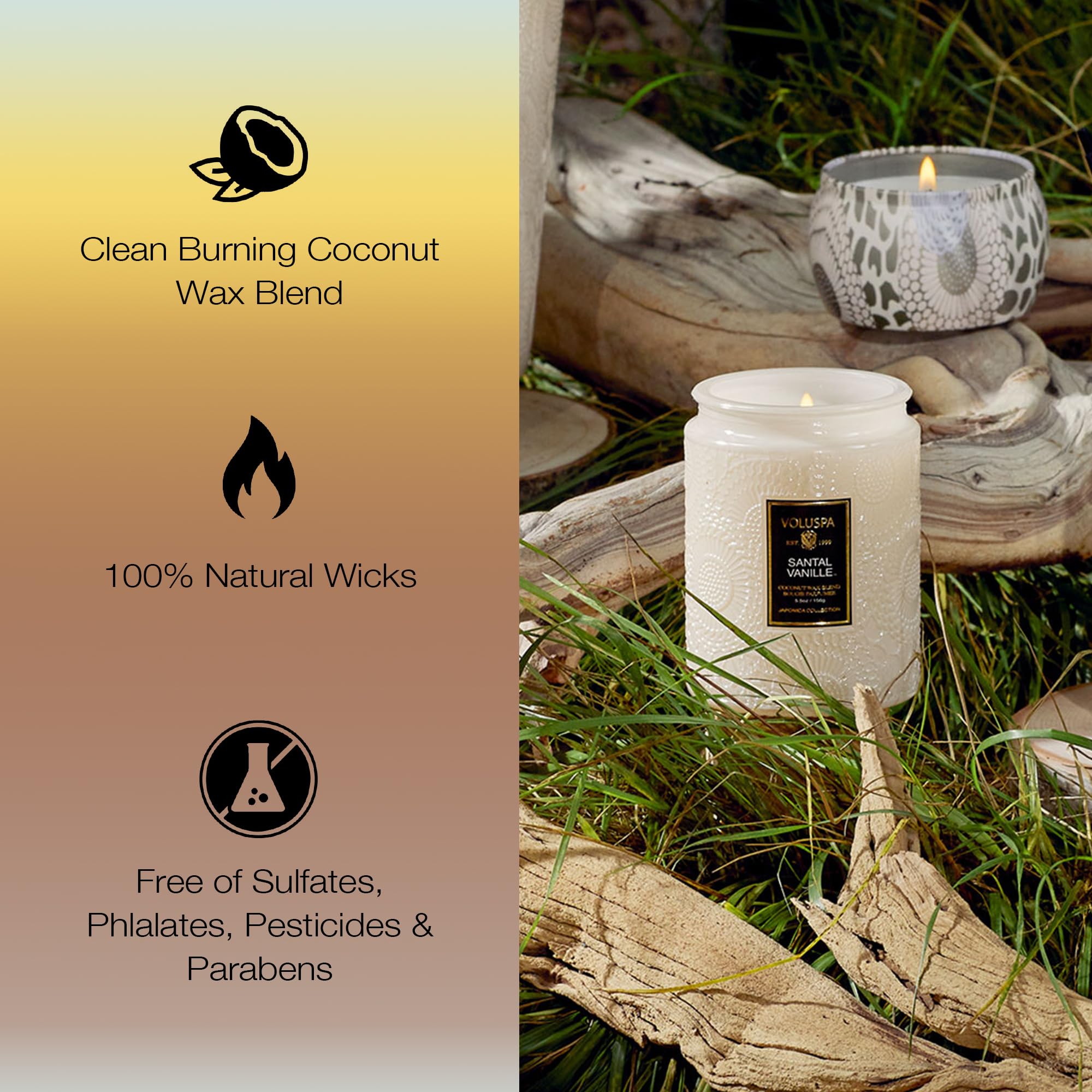 Voluspa jar beside common objects to show 5.5 oz scale benefit: compact size
