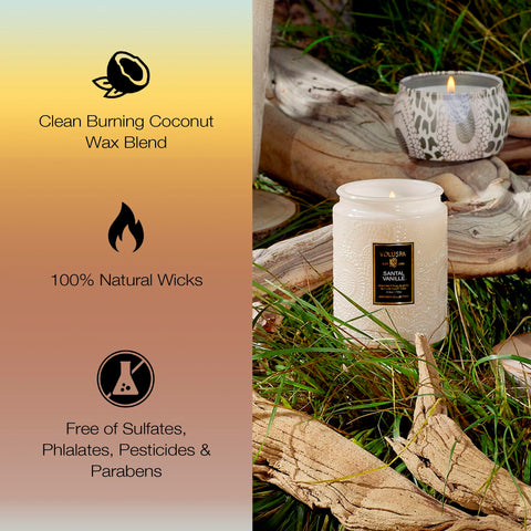 Voluspa jar beside common objects to show 5.5 oz scale benefit: compact size