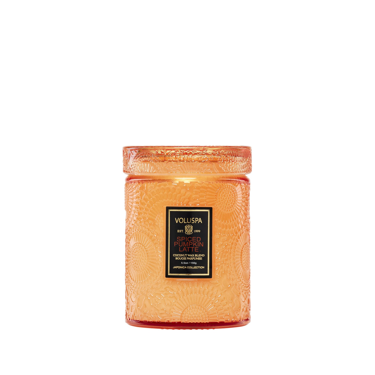 Voluspa front jar showing spiced pumpkin latte scent and decorative benefit