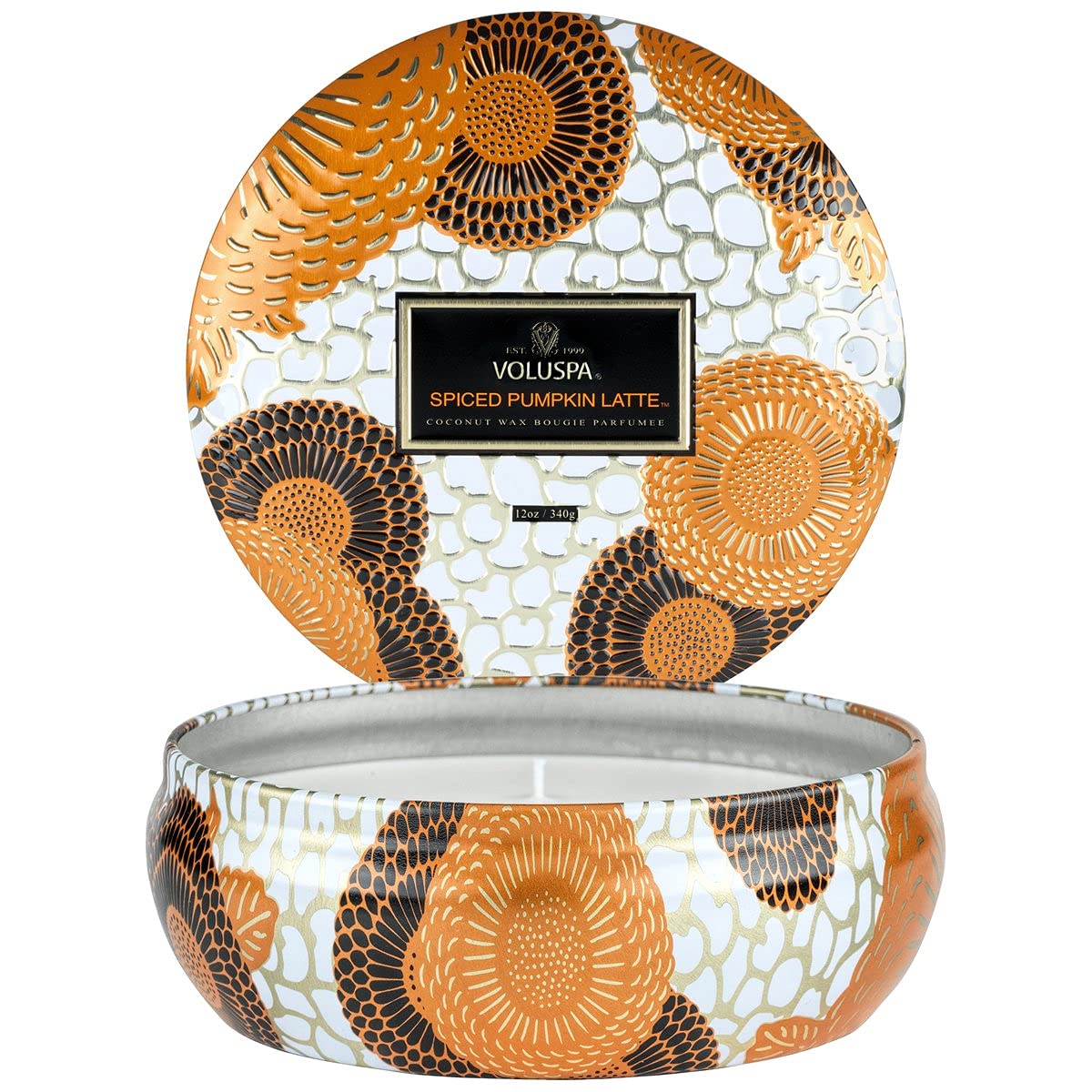 Voluspa spiced pumpkin latte front tin displaying elegant seasonal packaging and easy gifting