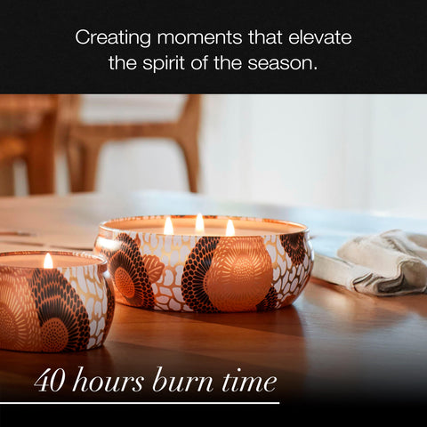 Voluspa spiced pumpkin latte lit in a living room setting creating cozy ambient fragrance