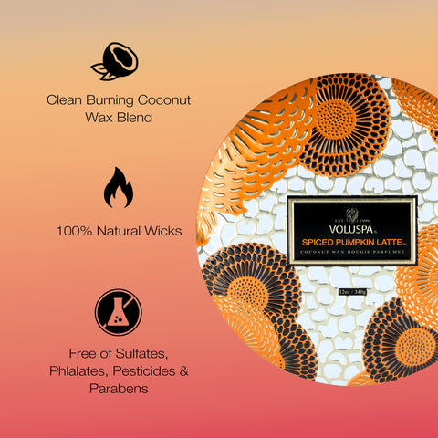 Voluspa spiced pumpkin latte labeled tin detail highlighting fragrance notes and premium finish