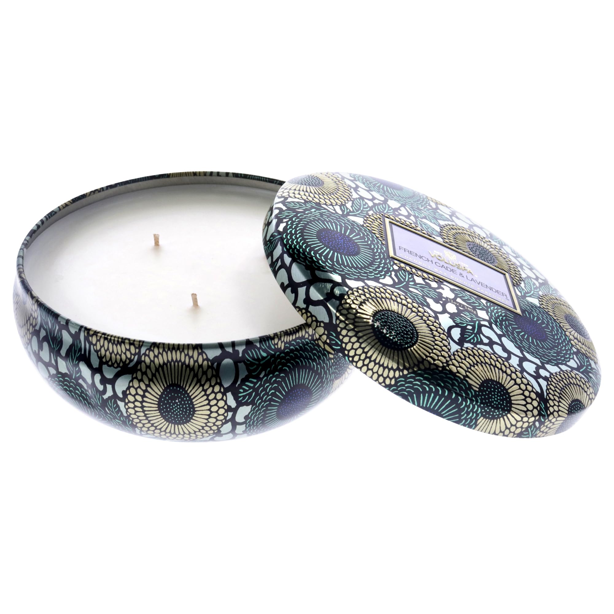 Voluspa tin label detail showing fragrance name and artisanal design for brand clarity