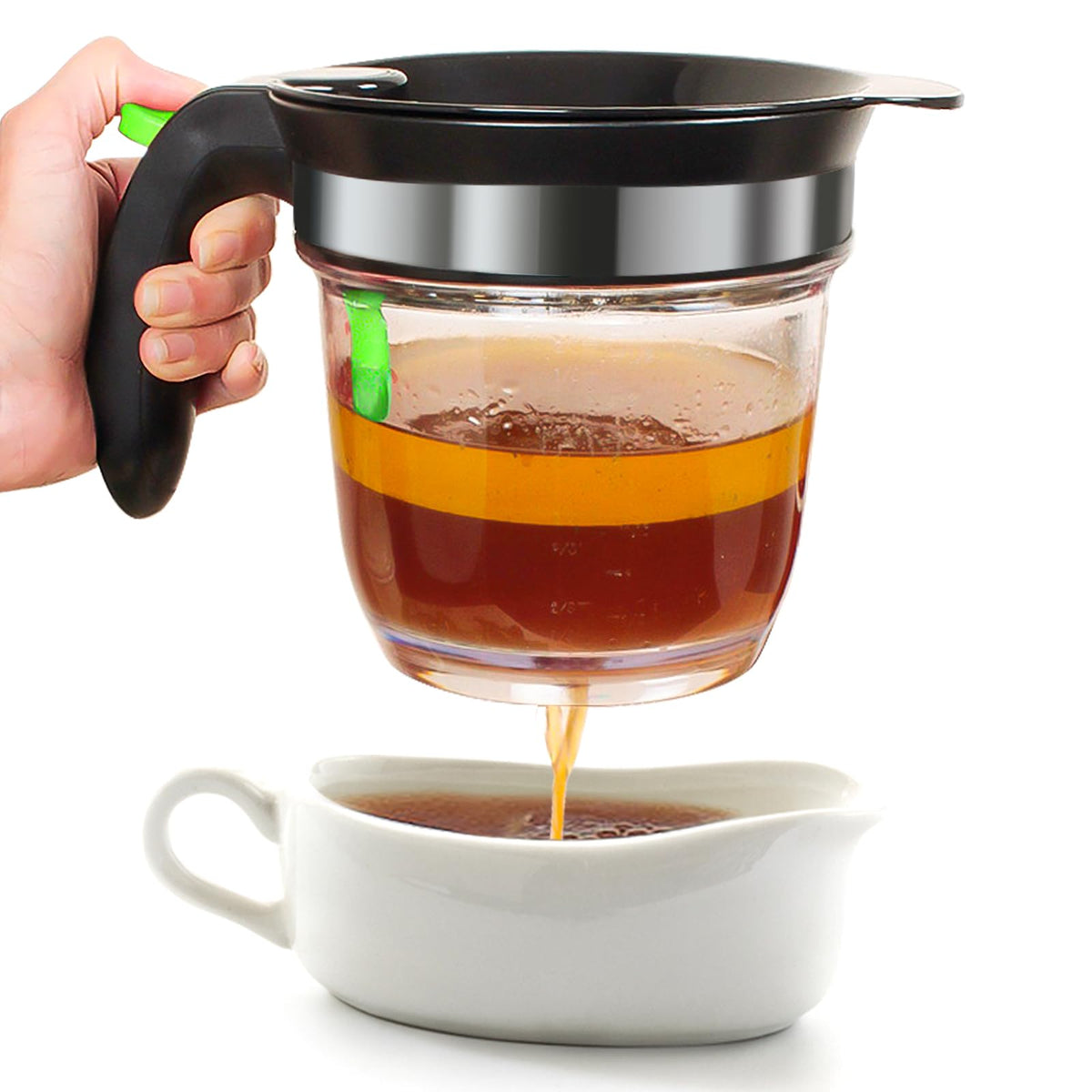 VONDIOR front view of 4-cup fat separator showing clear body and handle, easy monitoring