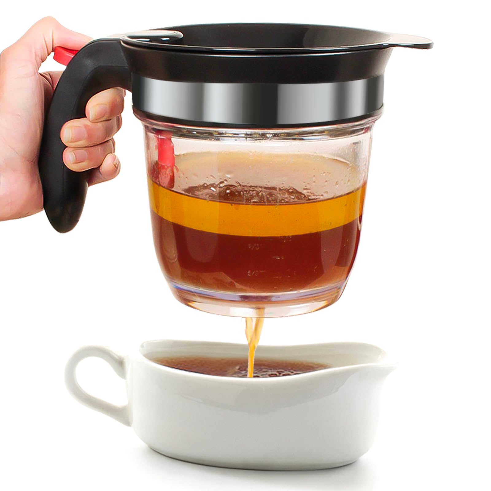 VONDIOR front view of fat separator showing clear body and red handle for precise pouring
